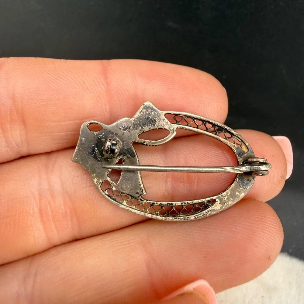 Vintage Estate Brooch Silver Paste Rhinestone Filigree Bow‎ Oval